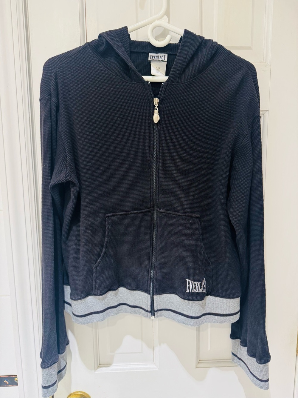 Everlast Waffle Knit Zip Hoodie L Boxing Glove Zipper Black Gray Y2K